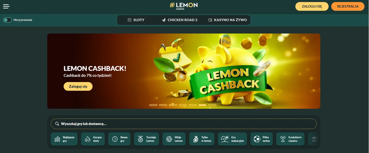 Promocja Lemon Cashback do 7% tygodniowo na stronie głównej Lemon Casino — banner z menu Sloty, Chicken Road 2 i Kasyno na żywo