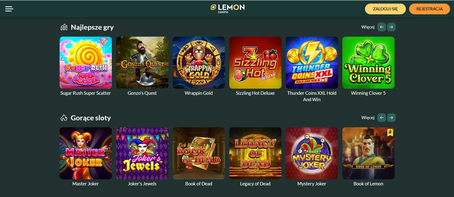 Najpopularniejsze sloty w Lemon Casino — Sugar Rush Super Scatter, Gonzo's Quest, Book of Dead, Legacy of Dead, Mystery Joker i Book of Lemon