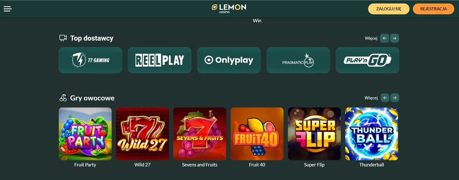 Top dostawcy gier w Lemon Casino — 77 Gaming, ReelPlay, Onlyplay, Pragmatic Play, Play'n GO i sekcja gier owocowych Fruit Party, Wild 27, Sevens and Fruits